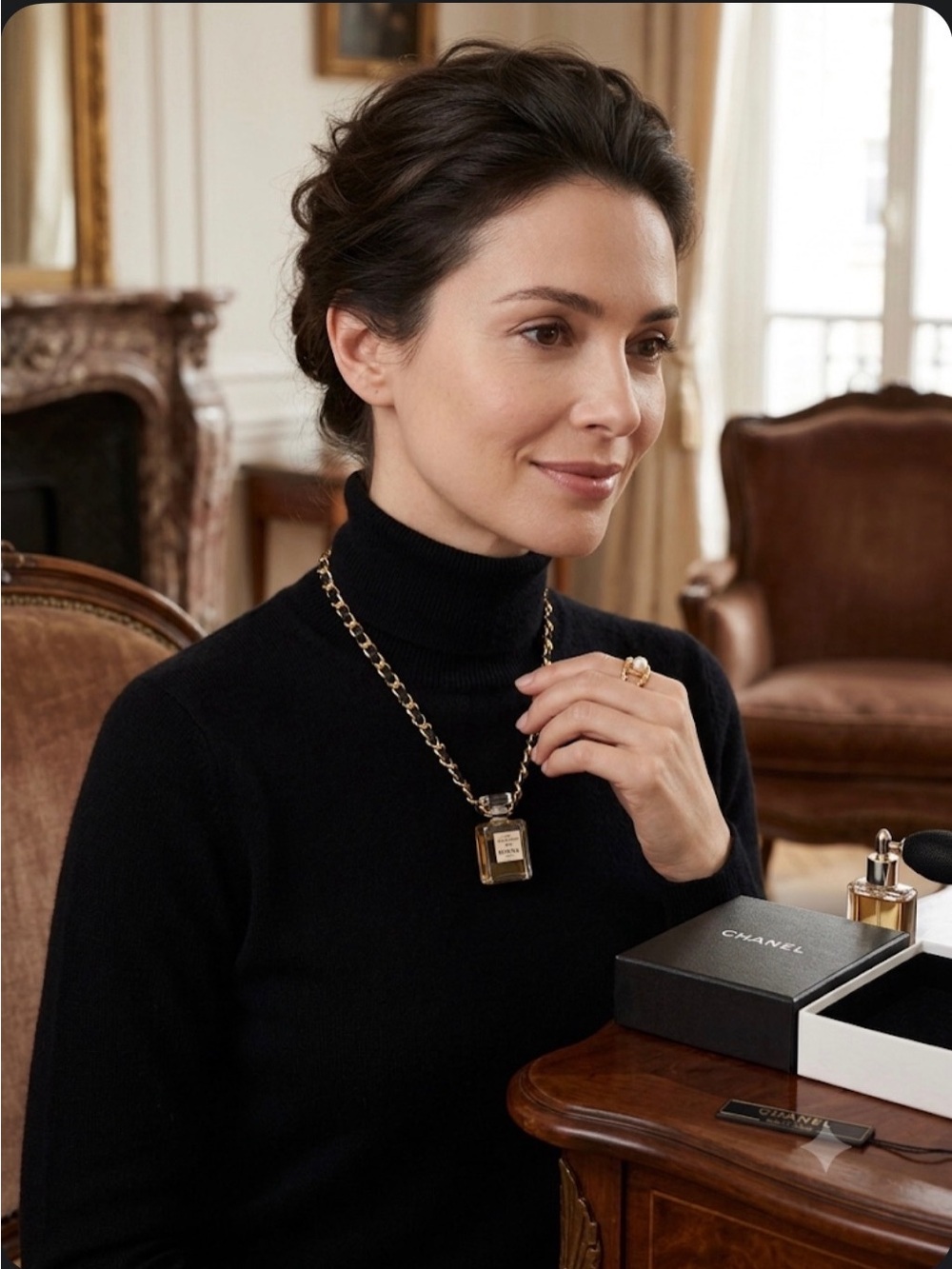 CHANEL Gold and Black Chain Perfume Bottle Pendant Necklace